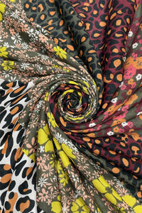 Leopard & Floral Stripe Print Square Tassel Scarf