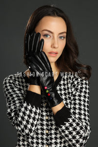 Coloured Button Leather Gloves - Fashion Scarf World
