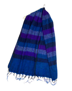 Stripy Border Wool Tassel Scarf - Blue