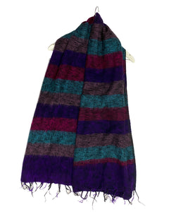 Stripy Border Wool Tassel Scarf - Purple & Fuchsia