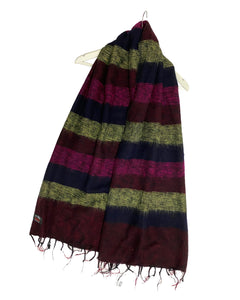 Stripy Border Wool Tassel Scarf - Black & Fuchsia
