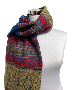 Aztec Wool Blend Tassel Scarf - Blue & Beige