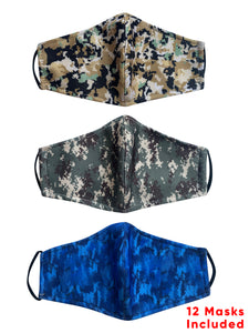 Face Coverings Masks (Pack of 12) Camouflage Print - Mixed