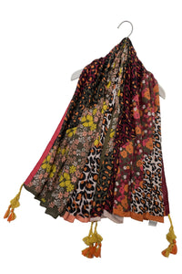 Leopard & Floral Stripe Print Square Tassel Scarf