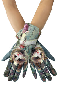 Cat Floral Print Suede Touchscreen Gloves