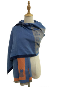 Cat Print Colour Block Reversible Frayed Scarf