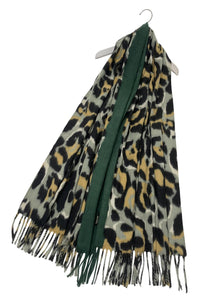 Leopard & Plain Stripe Print Soft Wool Tassel Scarf