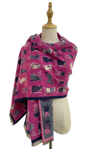 Cat Print Reversible Frayed Scarf