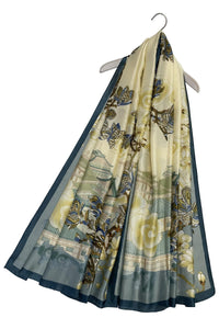 Japanese Landscape Floral Silk Scarf