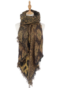 Colourful Sequin Leopard Print Frayed Blanket Wrap - Mustard