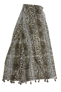 Silver Splatter Foiled Snakeskin Print Scarf with Tassels - Fashion Scarf World