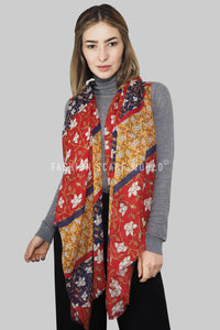Colour Block Ivy Print Frayed Scarf - Red/Blue