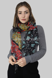 Colour Block Ivy Print Frayed Scarf - Black/Red