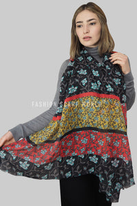 Colour Block Ivy Print Frayed Scarf - Black/Red