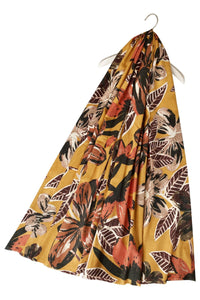 Tropical Leaf Floral Wool Scarf - Mustard