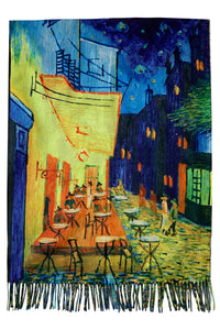 Van Gogh Terrace At Night Print Wool Scarf with Tassel Edge