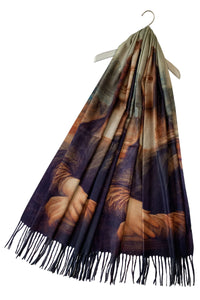 Leonardo Da Vinci Mona Lisa Print Wool Scarf with Tassel Edge