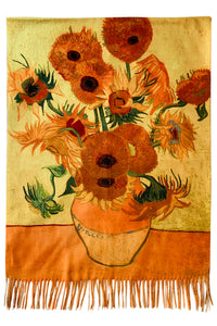 Van Gogh Sunflowers Print Wool Scarf with Tassel Edge