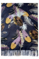 Large Feather Print Wool Scarf with Tassel Edge - Navy