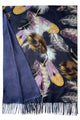 Large Feather Print Wool Scarf with Tassel Edge - Navy