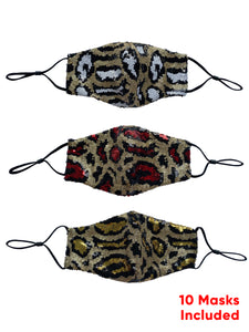 Face Coverings Masks (Pack of 10) Leopard Sequin - Mixed Colours