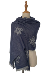 Reversible Soft Wool Bee Print Frayed Edge Scarf