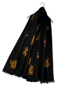 Reversible Soft Wool Bee Print Frayed Edge Scarf