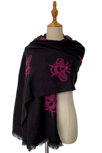 Reversible Soft Wool Bee Print Frayed Edge Scarf