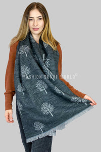 Reversible Soft Wool Tree Print Frayed Edge Scarf