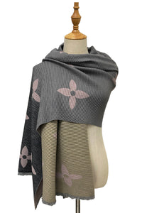 Reversible Pleated Ombre Flower Print Wool Scarf