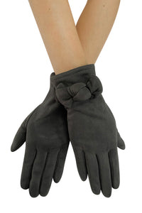 Suede Effect Touchscreen Gloves With Bow