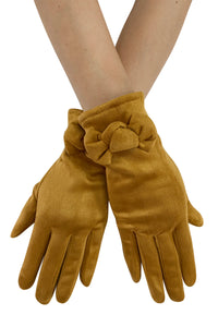 Suede Effect Touchscreen Gloves With Bow