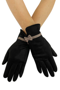Suede Effect Touchscreen Gloves With Contrast Bow