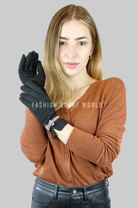 Suede Effect Touchscreen Gloves With Contrast Bow