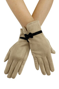 Suede Effect Touchscreen Gloves With Contrast Bow