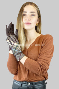 Soft Tartan Touchscreen Gloves With Faux Leather Buckle