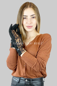 Suede Effect Leopard Print Touchscreen Gloves With Faux Leather Buckle