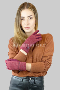 Soft Cotton Marl Touchscreen Gloves With Faux Leather Button