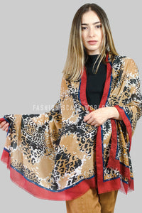 Cheetah Leopard Print Scarf With Fashion Border And Frayed Edge