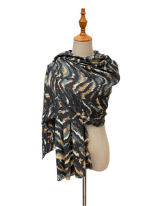 Tiger Camouflage Print Wool Scarf With Frayed Edge