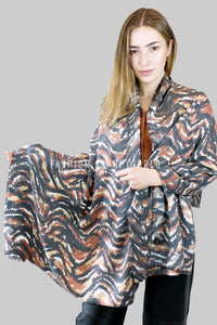 Tiger Camouflage Print Wool Scarf With Frayed Edge