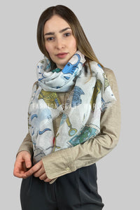 Seaside Animals and Treasure Print Scarf with Frayed Edge