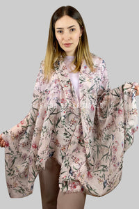 Clustered Branches with Flowers Print Scarf with Frayed Edge