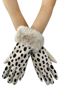 Faux Fur Trim Dalmatian Spot Print Suede Touchscreen Gloves