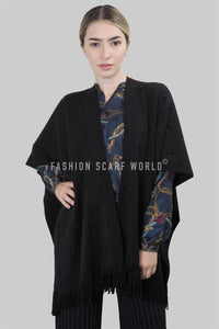 Metallic Thread & Pearl Knitted Tassel Poncho - Fashion Scarf World