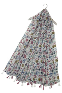 Ditsy Safflower Floral Print Tassel Scarf
