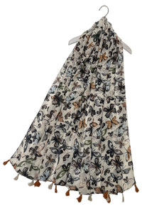 Illustrated Butterfly Print Tassel Scarf