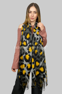 Contrast Leopard Print Soft Wool Tassel Scarf