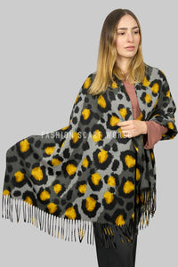 Contrast Leopard Print Soft Wool Tassel Scarf