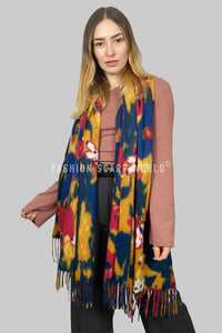 Abstract Flower Print Soft Wool Tassel Scarf